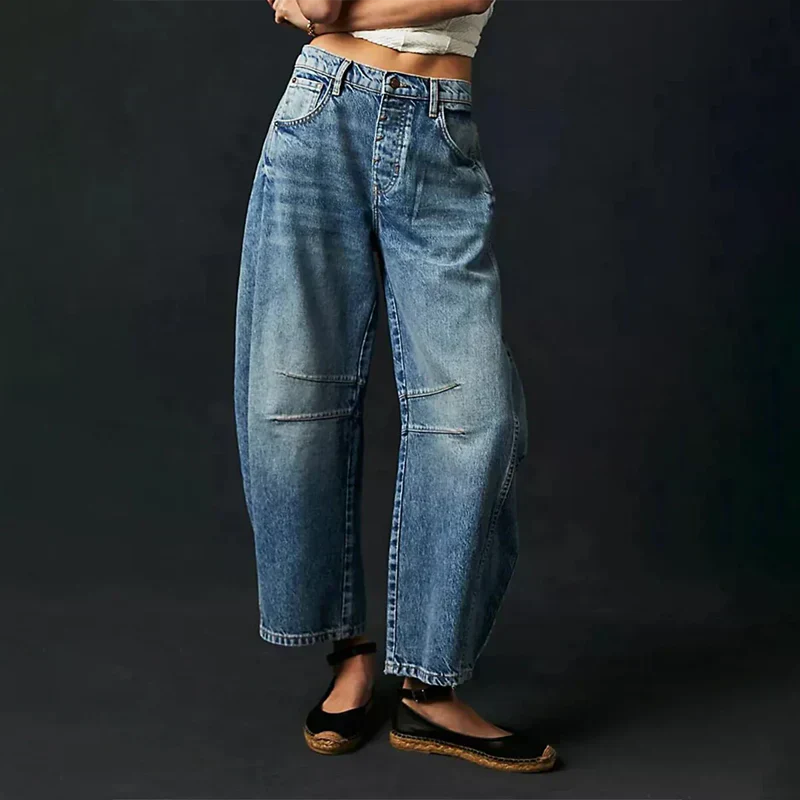 Jean en denim à taille haute, coupe décontractée et jambes larges pour femme