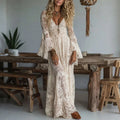 Damen Vintage Boho-Spitzen-Maxikleid mit tiefem V-Ausschnitt, ausgestellten Ärmeln, Empire-Taille und fließender Silhouette