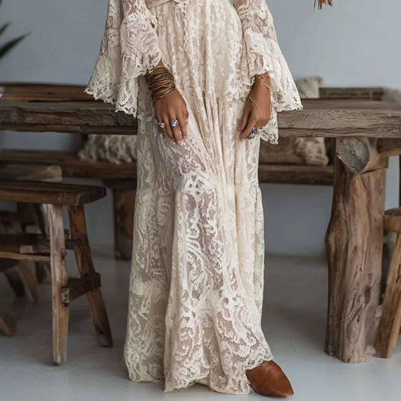 Damen Vintage Boho-Spitzen-Maxikleid mit tiefem V-Ausschnitt, ausgestellten Ärmeln, Empire-Taille und fließender Silhouette