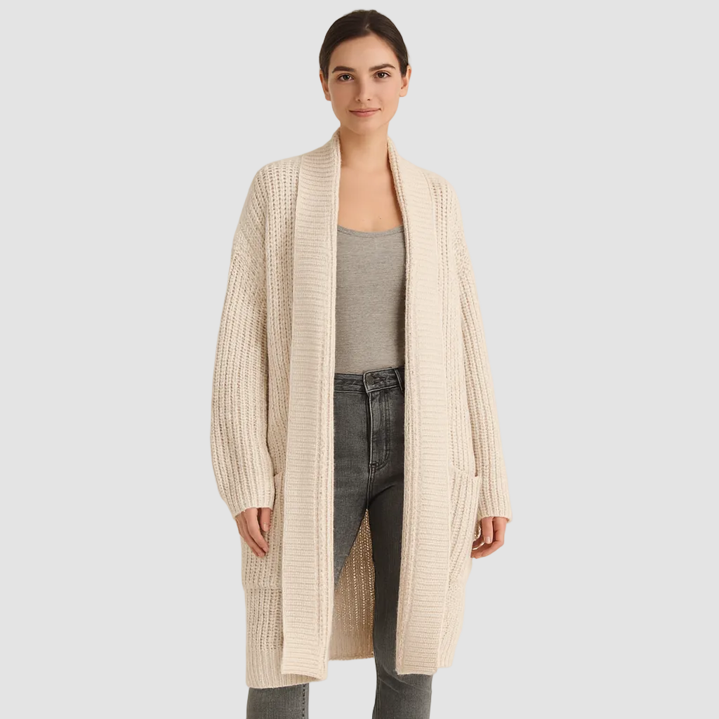Lange Strickjacke für Damen mit offener Vorderseite