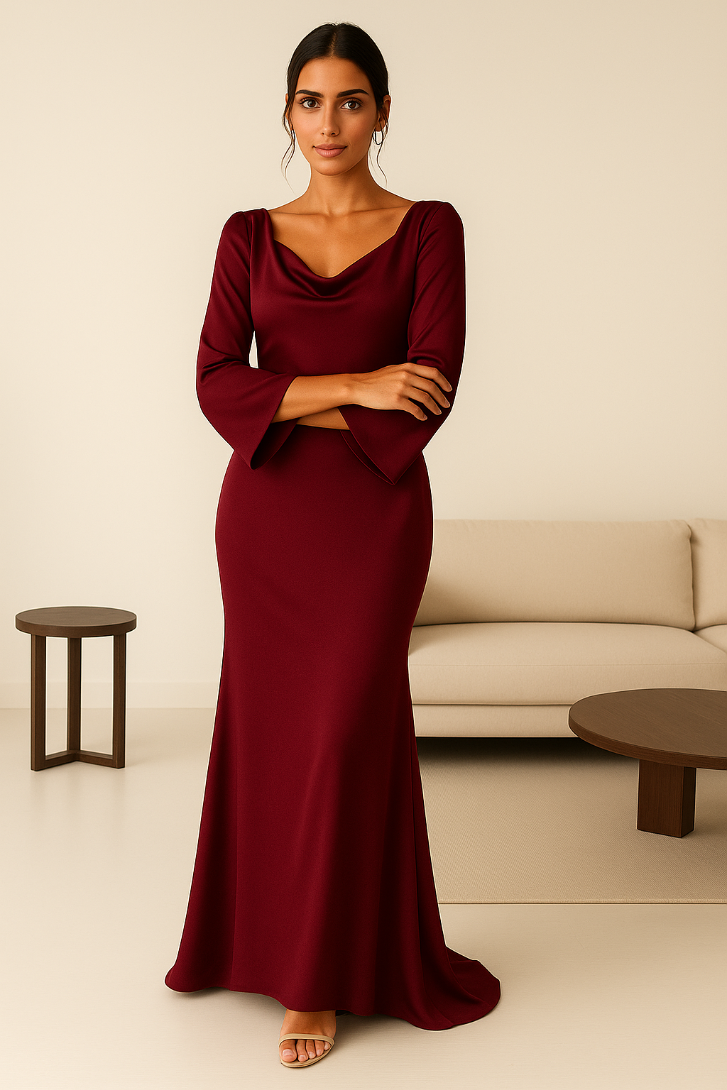 Elegant Women Maxi Dress with Flowing Fit and Long Sleeves