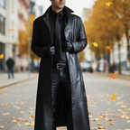 Men's Long Leather Trench Coat with Notched Lapel Collar