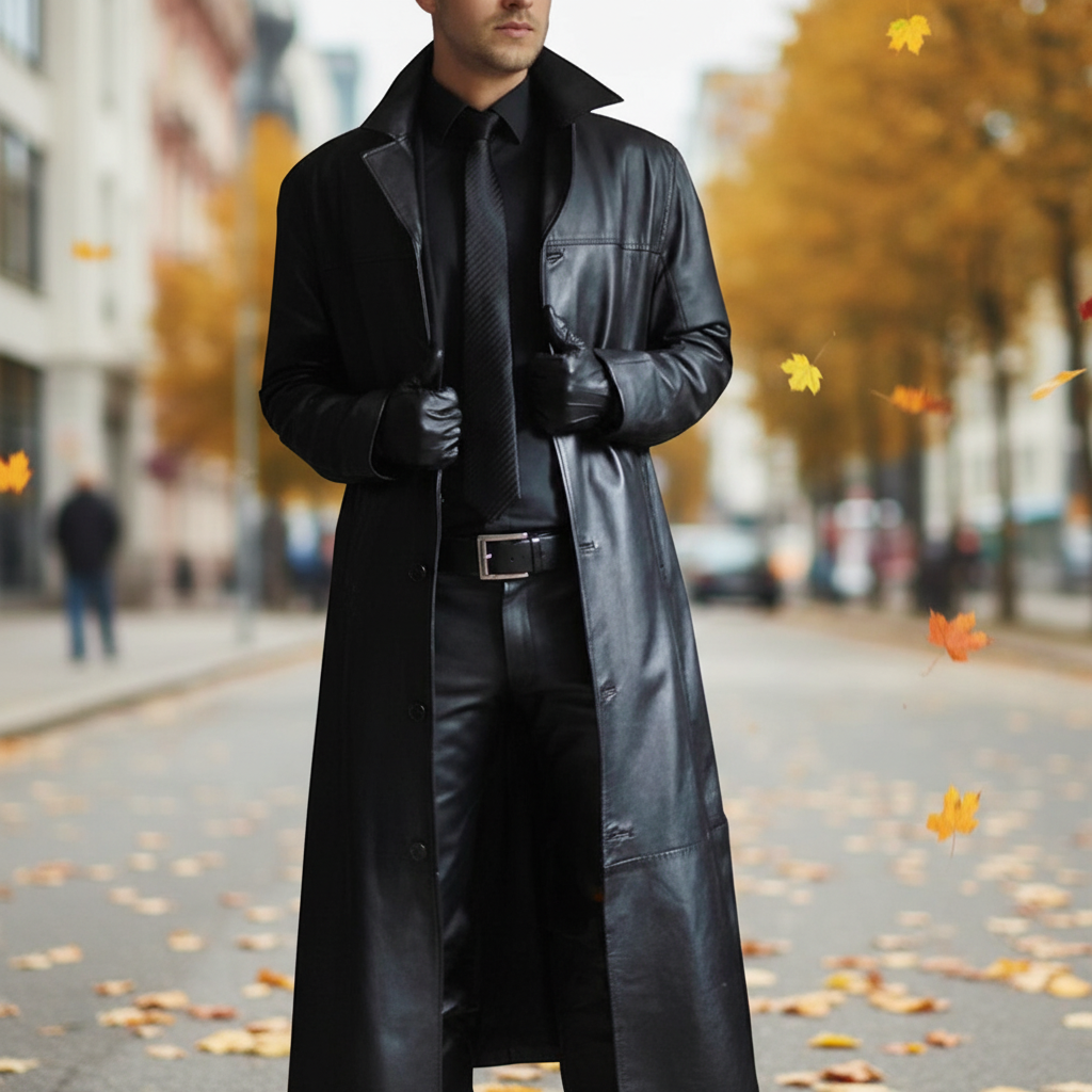 Men's Long Leather Trench Coat with Notched Lapel Collar