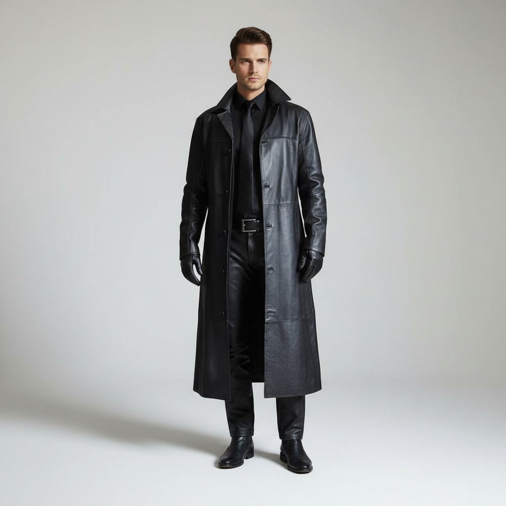 Men's Long Leather Trench Coat with Notched Lapel Collar