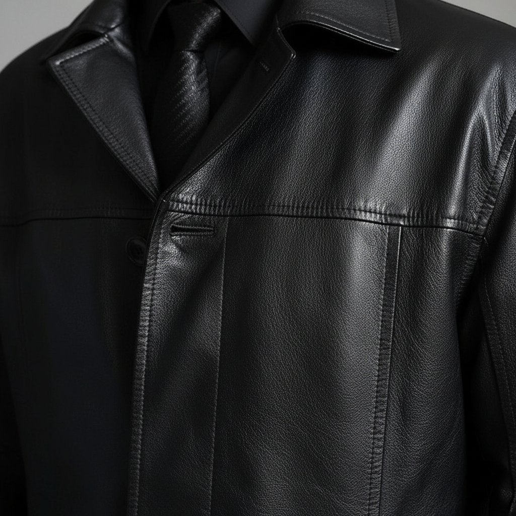 Men's Long Leather Trench Coat with Notched Lapel Collar