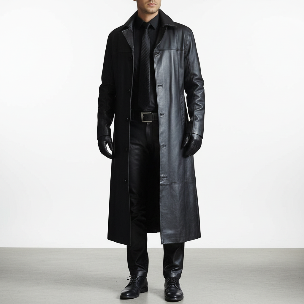 Men's Long Leather Trench Coat with Notched Lapel Collar