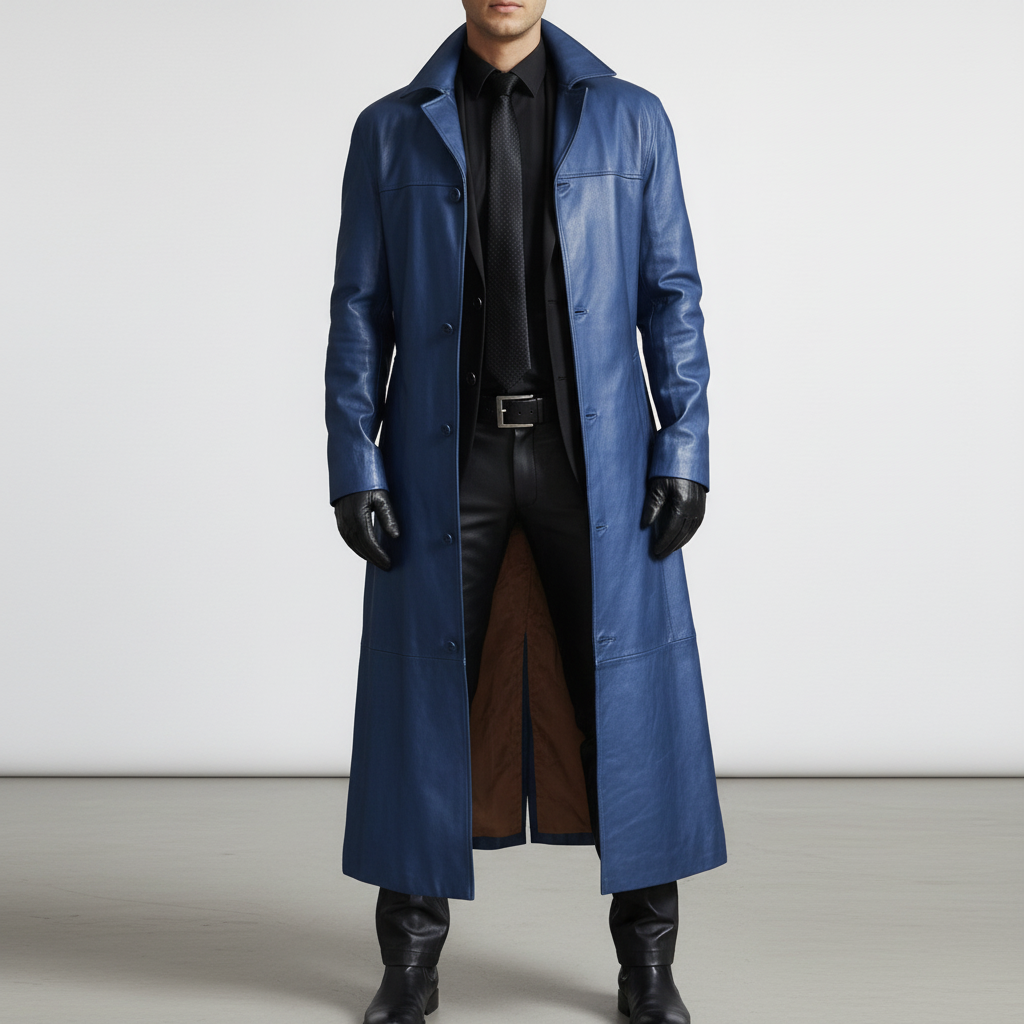 Trench-coat long en cuir pour homme avec col à revers crantés