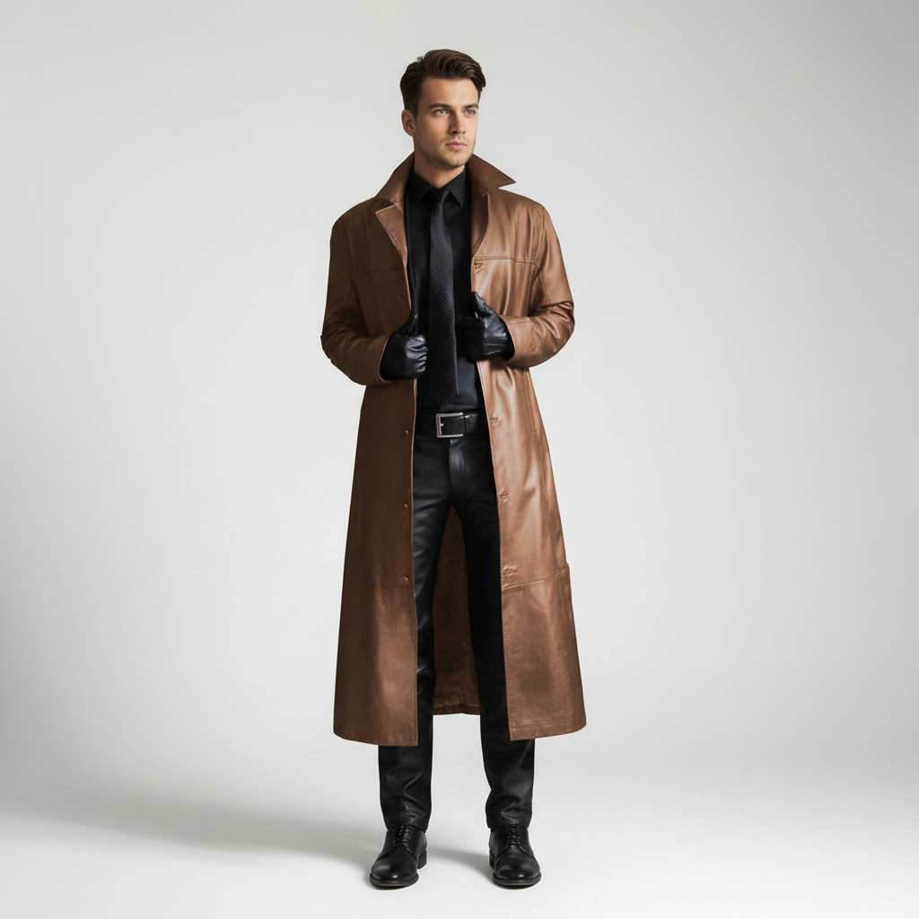 Trench-coat long en cuir pour homme avec col à revers crantés