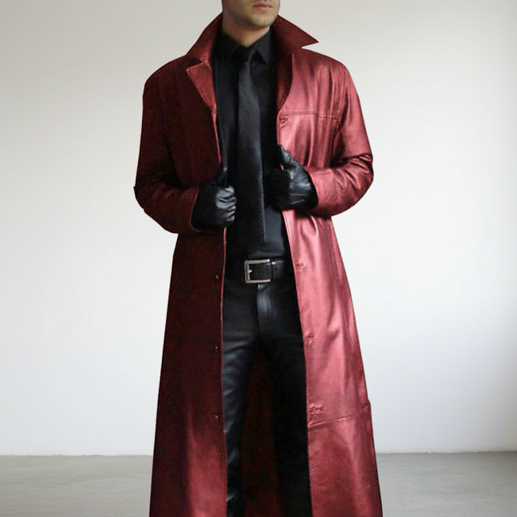 Trench-coat long en cuir pour homme avec col à revers crantés