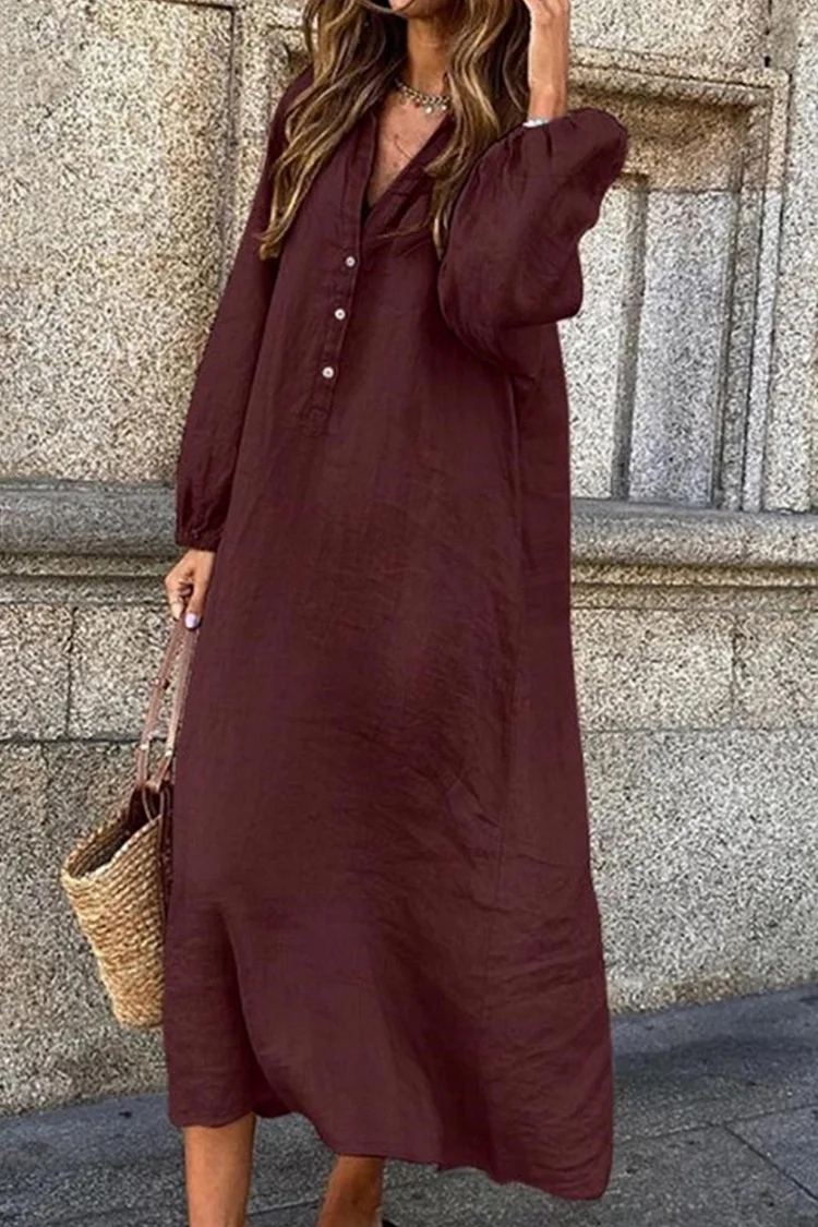 Damen Midi-Kleid aus Baumwoll-Leinen-Mischung mit Knopfleiste für den Alltag