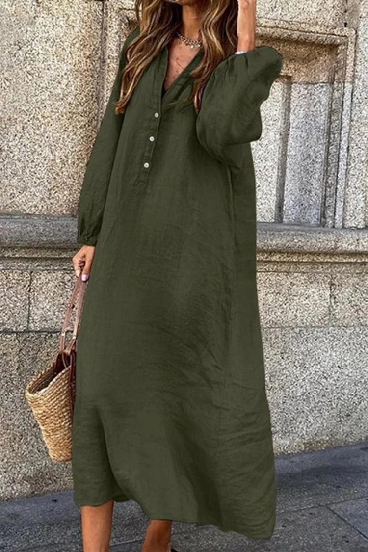 Damen Midi-Kleid aus Baumwoll-Leinen-Mischung mit Knopfleiste für den Alltag