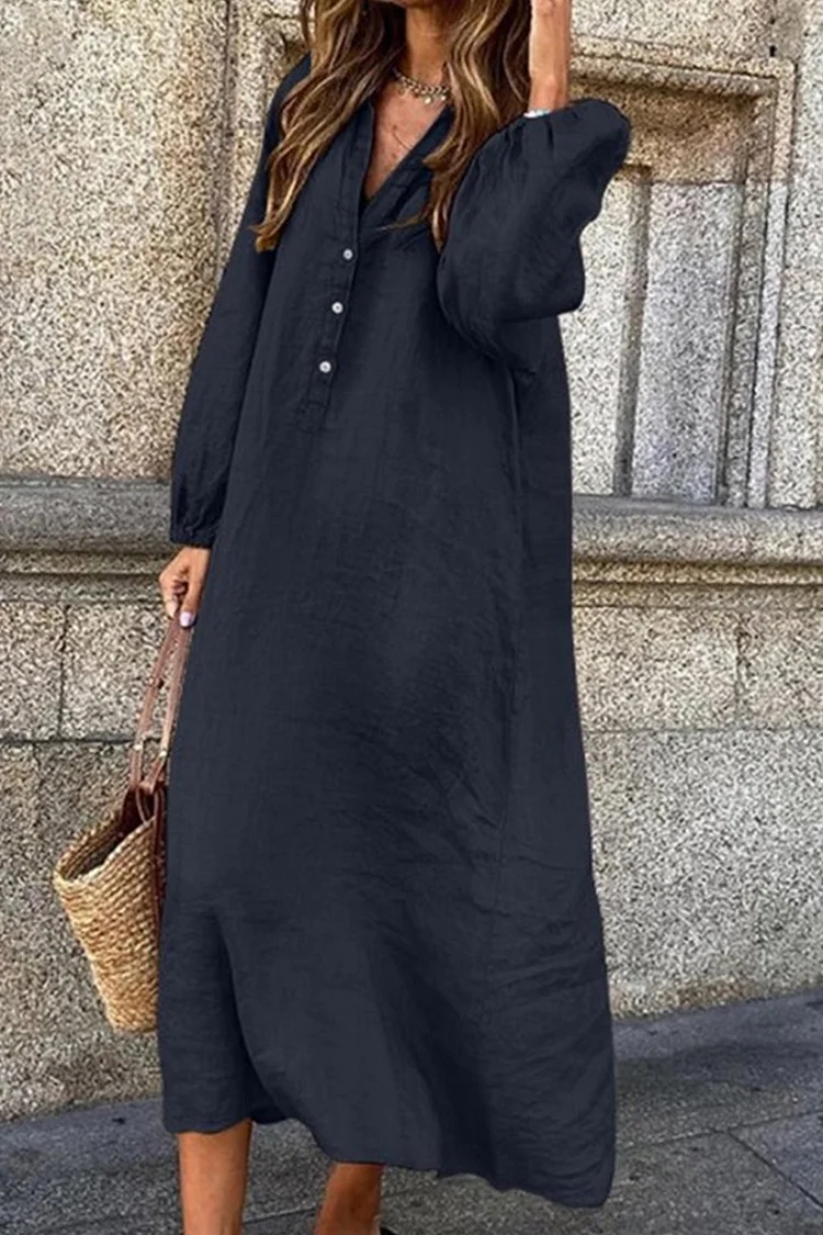 Damen Midi-Kleid aus Baumwoll-Leinen-Mischung mit Knopfleiste für den Alltag