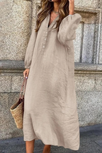 Damen Midi-Kleid aus Baumwoll-Leinen-Mischung mit Knopfleiste für den Alltag