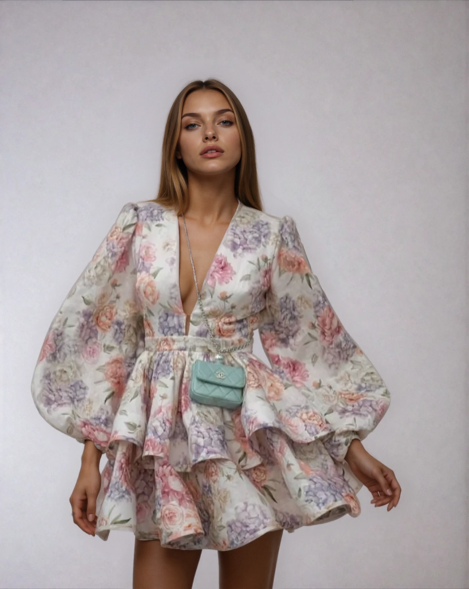 Women's Floral Tiered Mini Dress with Voluminous Peplum Hem Detail