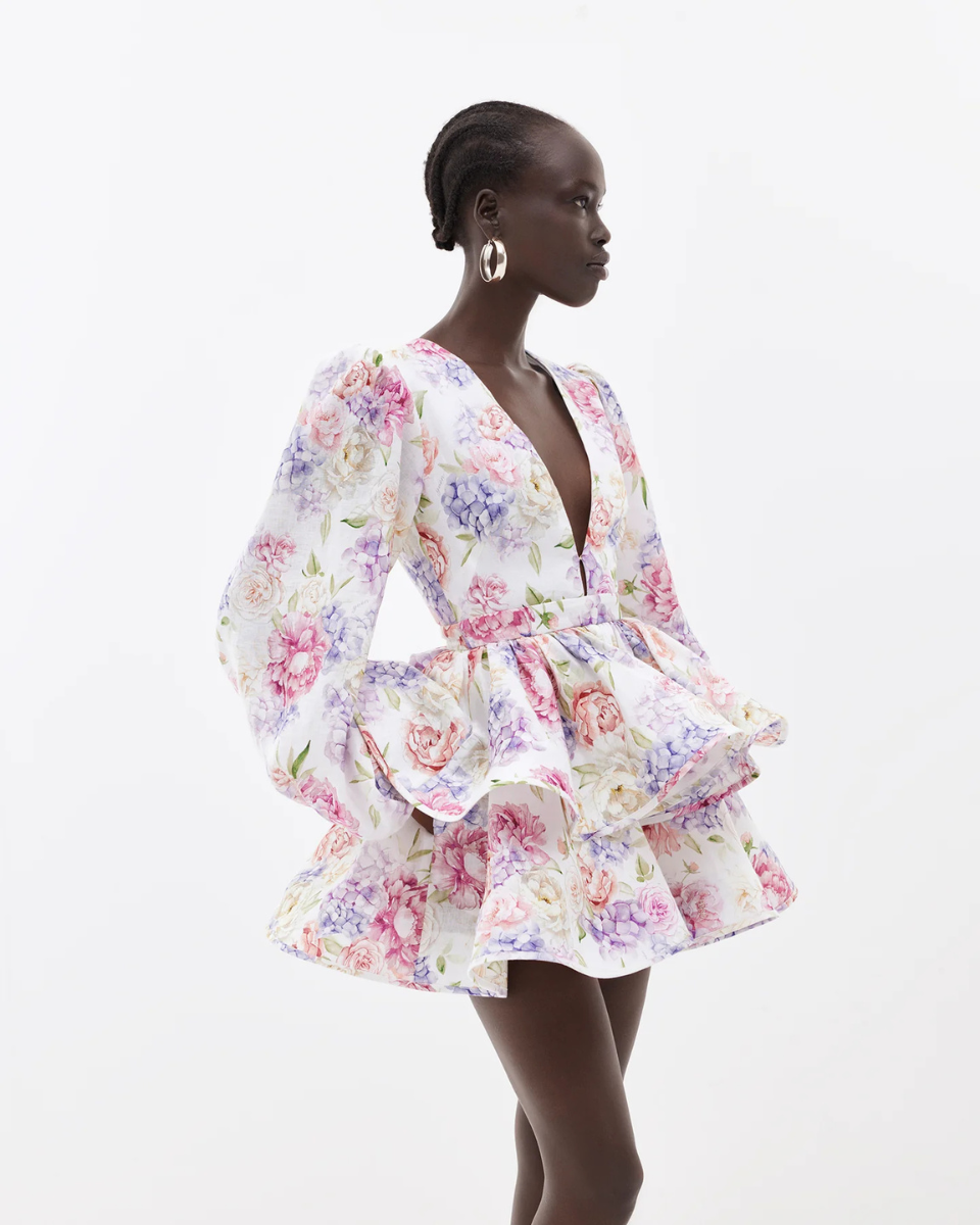 Women's Floral Tiered Mini Dress with Voluminous Peplum Hem Detail