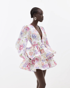 Women's Floral Tiered Mini Dress with Voluminous Peplum Hem Detail
