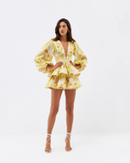 Women's Floral Tiered Mini Dress with Voluminous Peplum Hem Detail