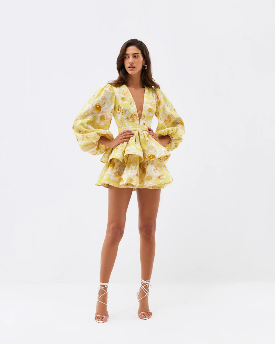 Women's Floral Tiered Mini Dress with Voluminous Peplum Hem Detail