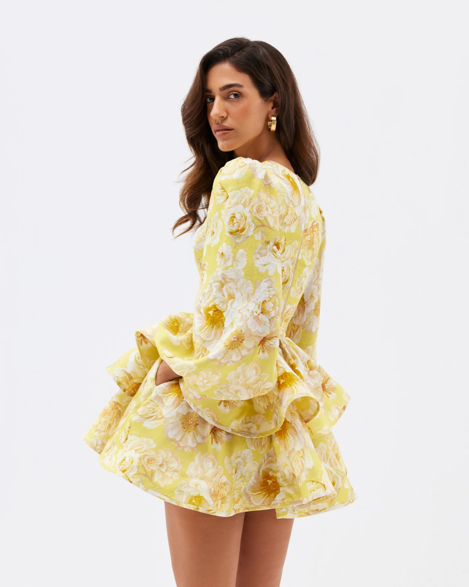 Women's Floral Tiered Mini Dress with Voluminous Peplum Hem Detail