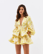 Women's Floral Tiered Mini Dress with Voluminous Peplum Hem Detail