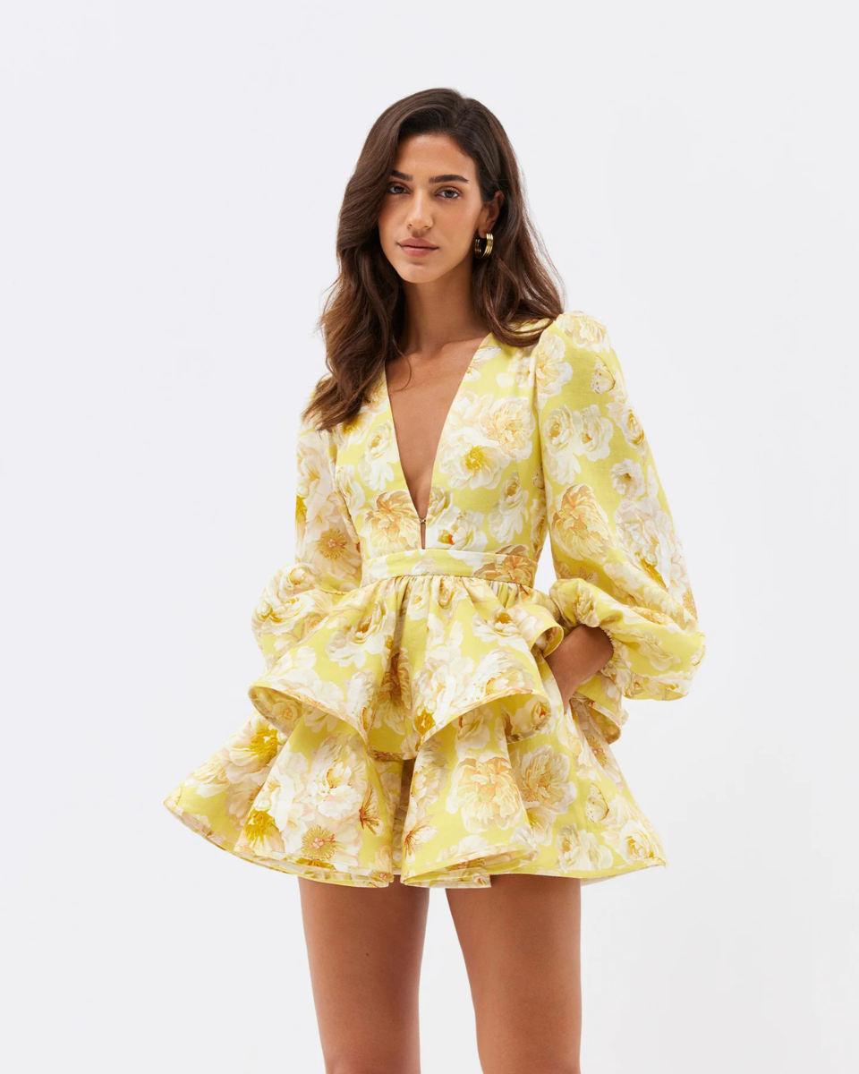 Women's Floral Tiered Mini Dress with Voluminous Peplum Hem Detail