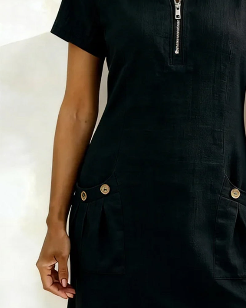 Damen A-Linien-Kleid mit Reißverschluss am Ausschnitt und praktischem Taschen-Design