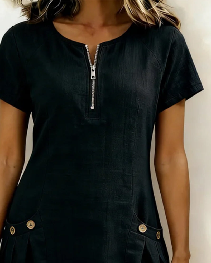 Damen A-Linien-Kleid mit Reißverschluss am Ausschnitt und praktischem Taschen-Design