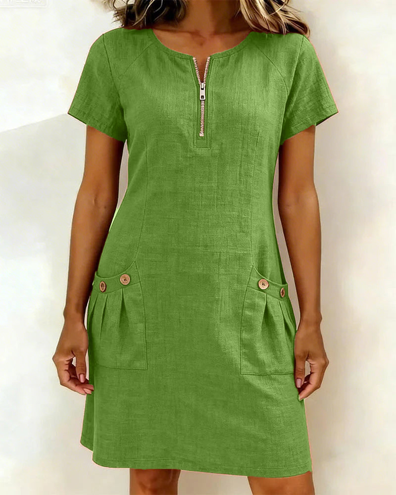 Women’s A-Line Dress with Zip Neckline and Practical Pocket Design