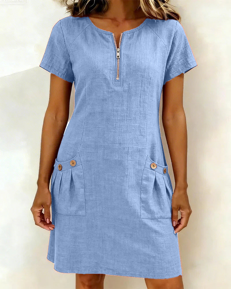Women’s A-Line Dress with Zip Neckline and Practical Pocket Design