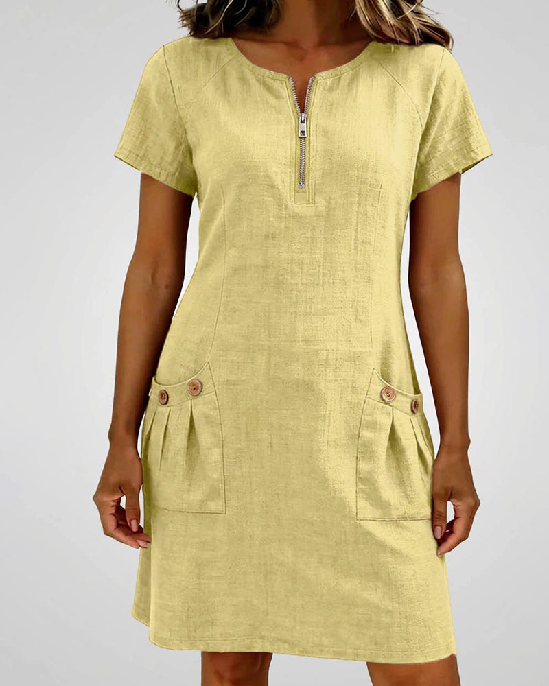 Women’s A-Line Dress with Zip Neckline and Practical Pocket Design