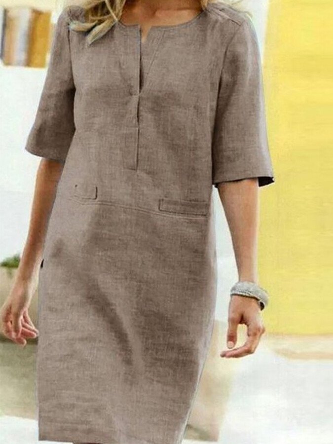 Women’s Relaxed Midi Dress with Notch Neckline and Practical Pockets