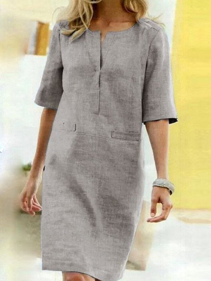 Women’s Relaxed Midi Dress with Notch Neckline and Practical Pockets