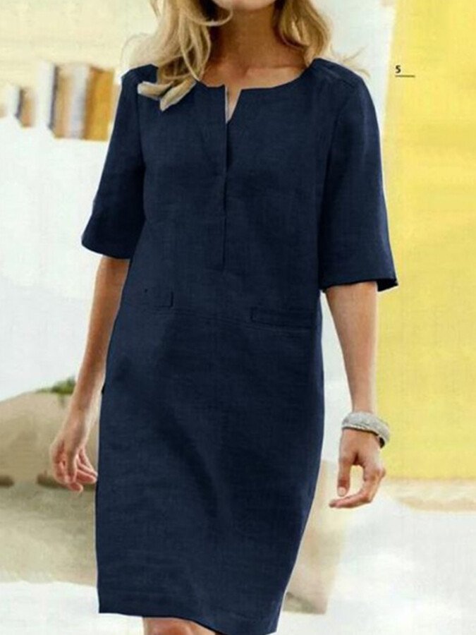 Women’s Relaxed Midi Dress with Notch Neckline and Practical Pockets