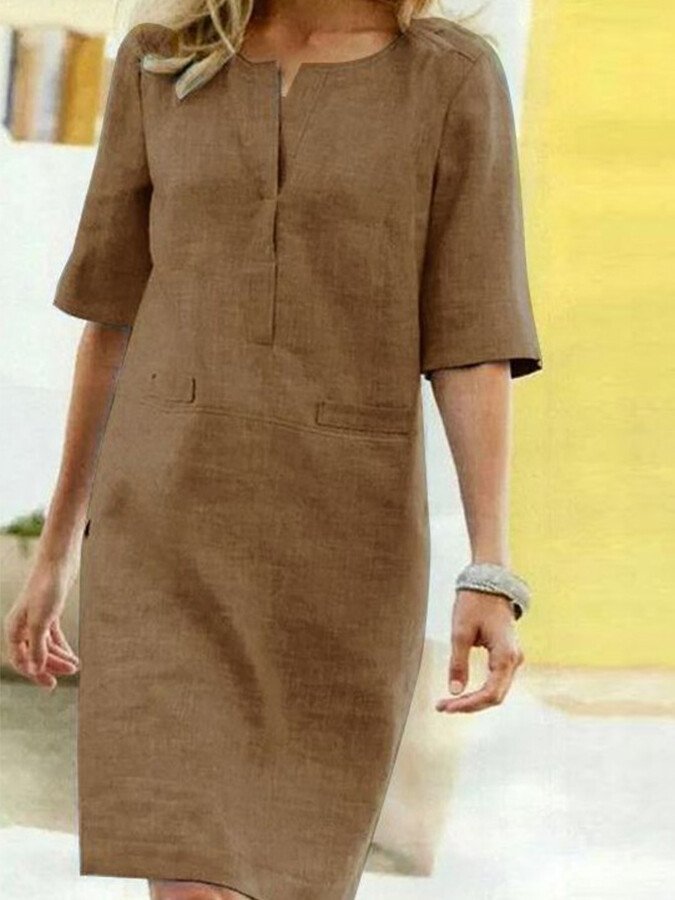 Women’s Relaxed Midi Dress with Notch Neckline and Practical Pockets