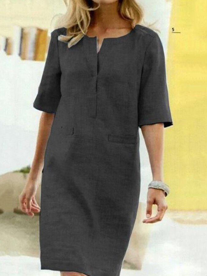 Women’s Relaxed Midi Dress with Notch Neckline and Practical Pockets