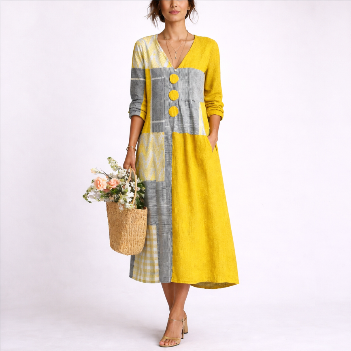 Damen Midi-Kleid mit Farbblock-Patchwork, V-Ausschnitt, dekorativen Knöpfen und Seitentaschen