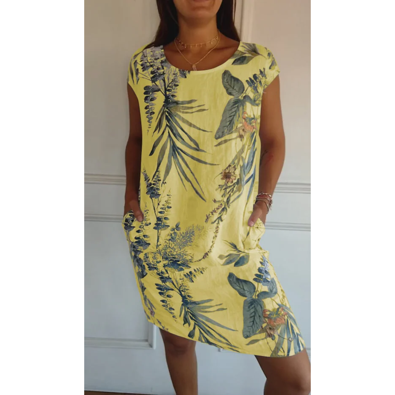 Leinenmisch-Sommerkleid für Damen mit Taschen für den Alltag