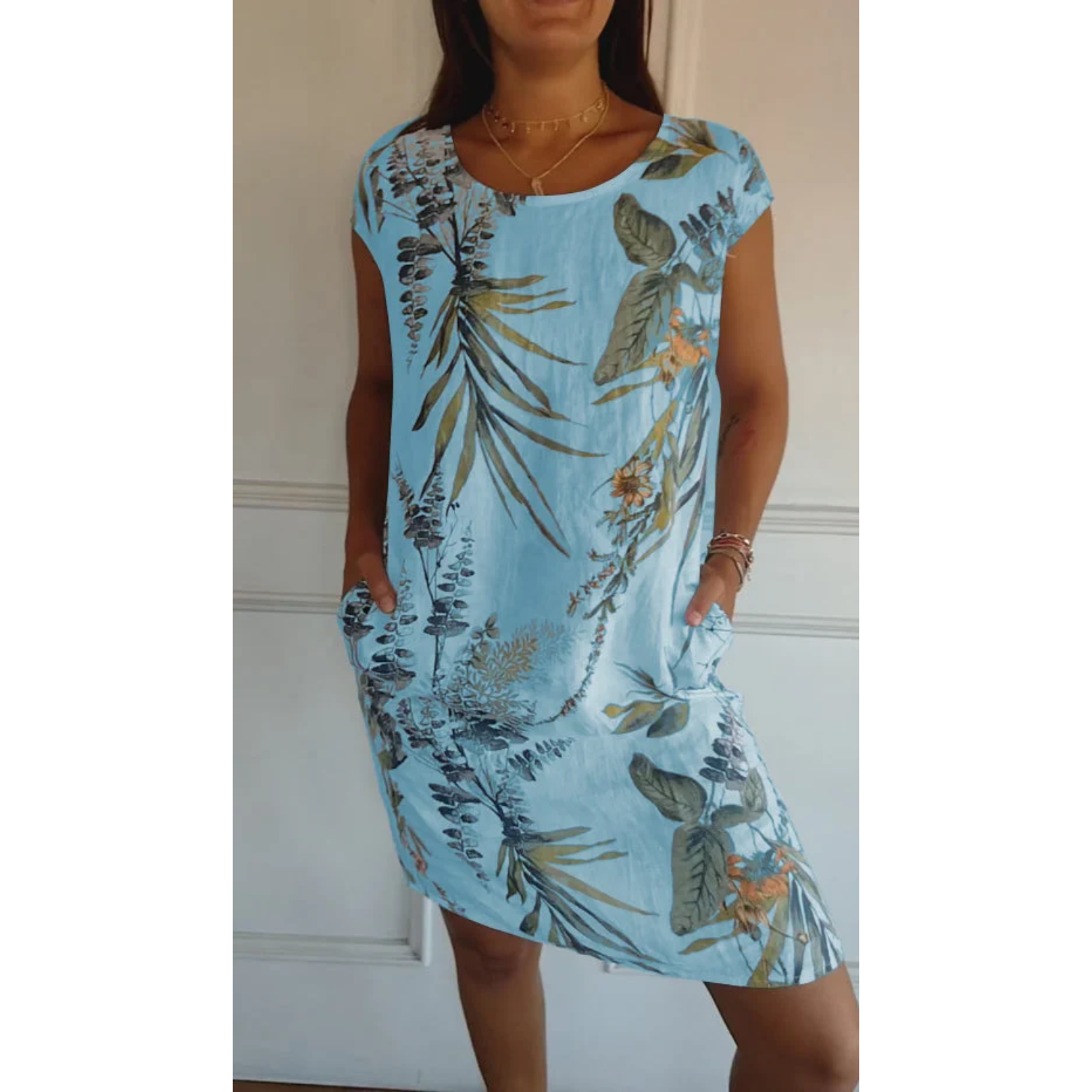 Leinenmisch-Sommerkleid für Damen mit Taschen für den Alltag