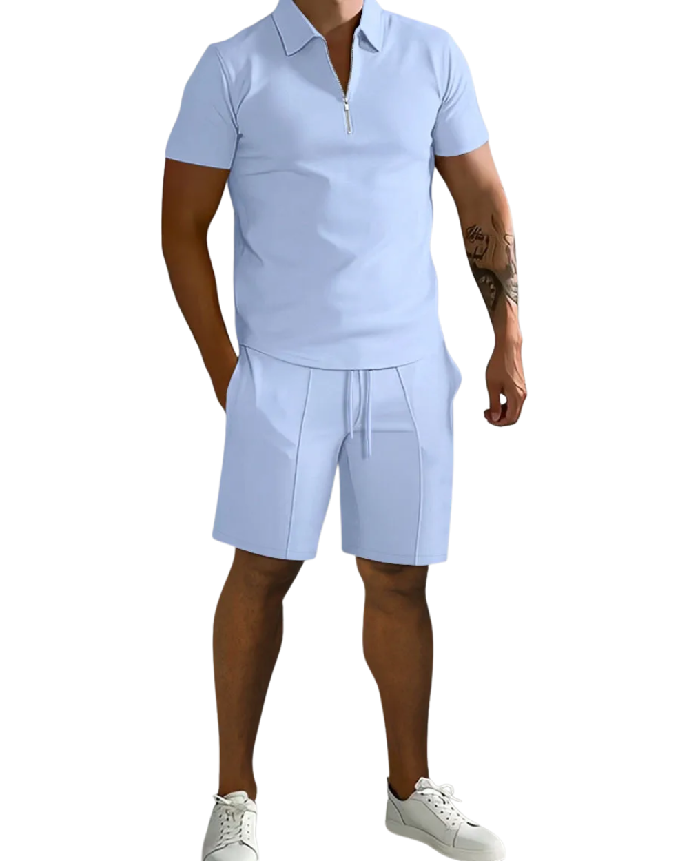 Men's Zip-Collar Polo Shirt and Shorts Set