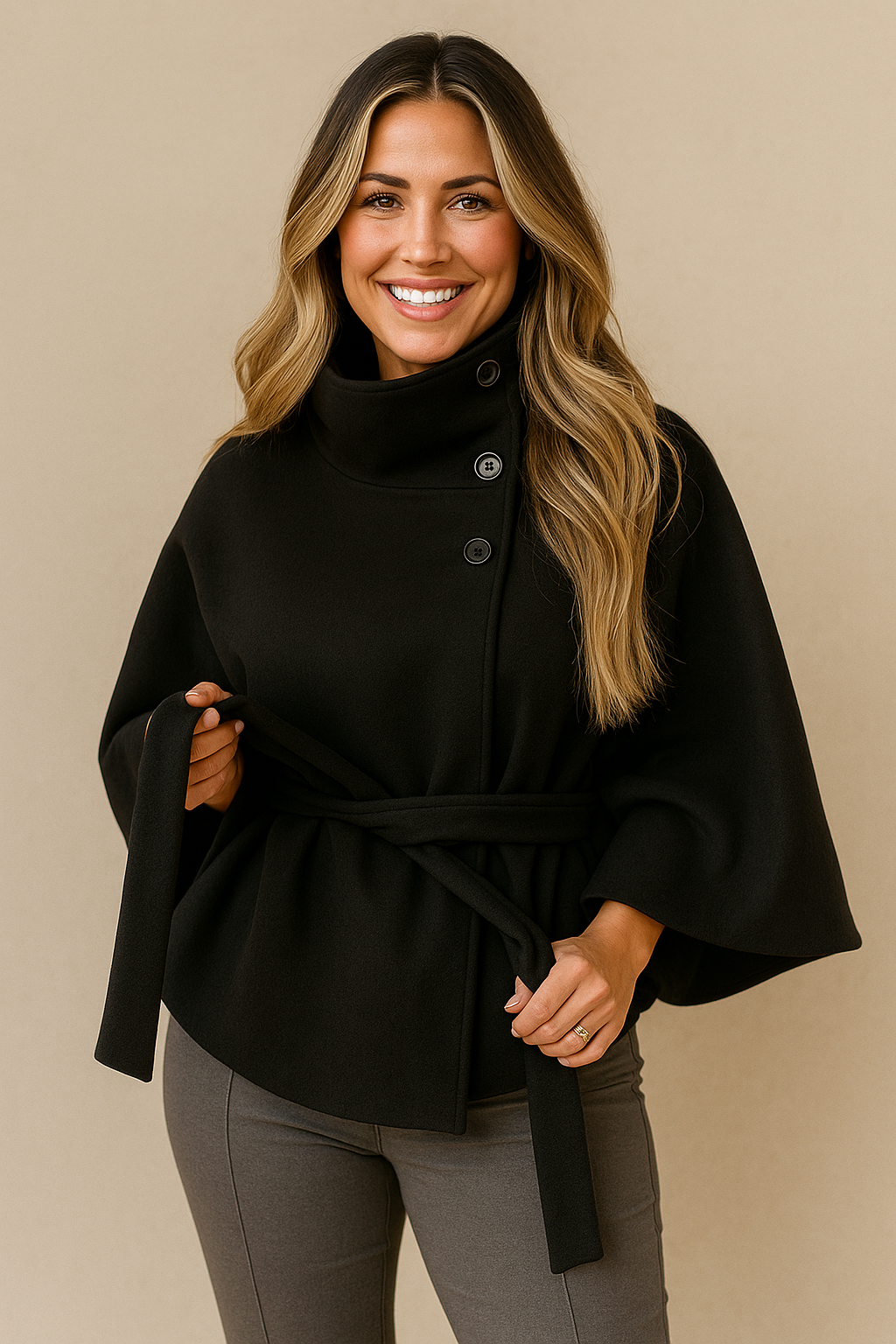 Damen-Cape-Mantel mit Gürtel und hohem Kragen