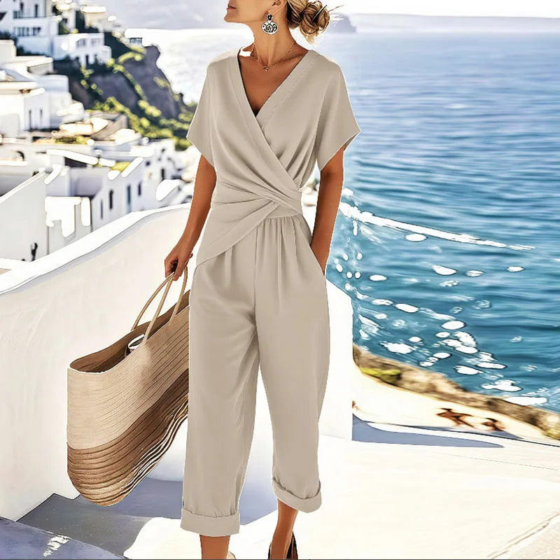 Women's Two-Piece Wrap Top and Wide-Leg Trousers Set for Elegance