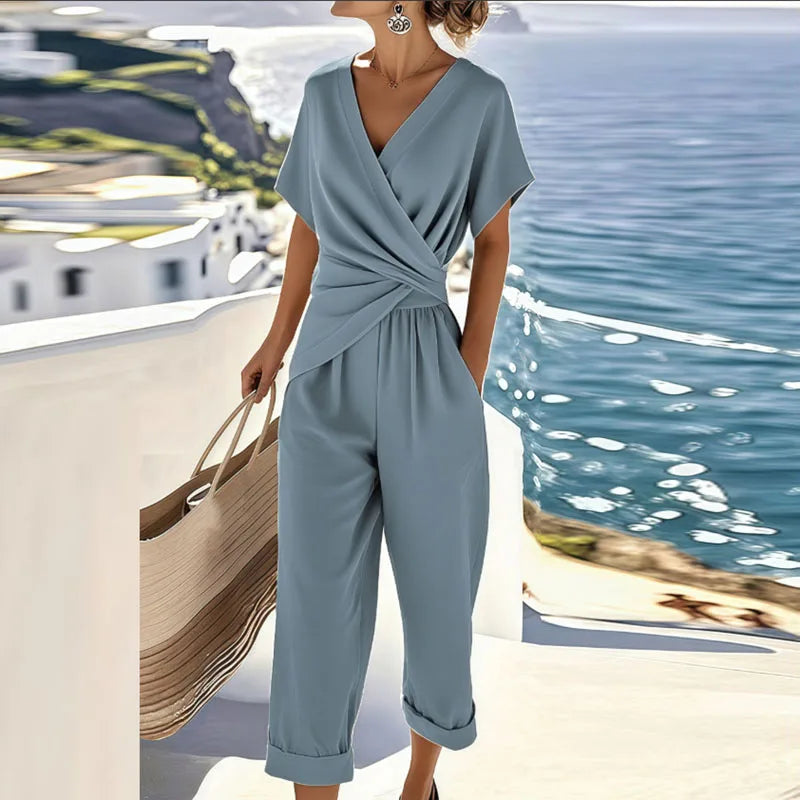 Women's Two-Piece Wrap Top and Wide-Leg Trousers Set for Elegance