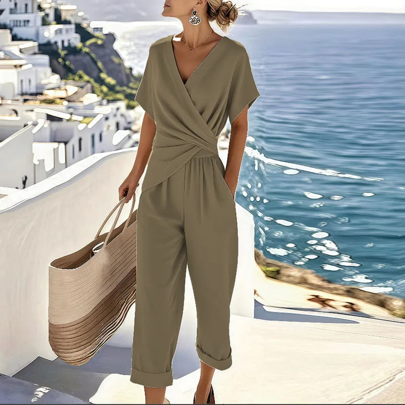 Women's Two-Piece Wrap Top and Wide-Leg Trousers Set for Elegance