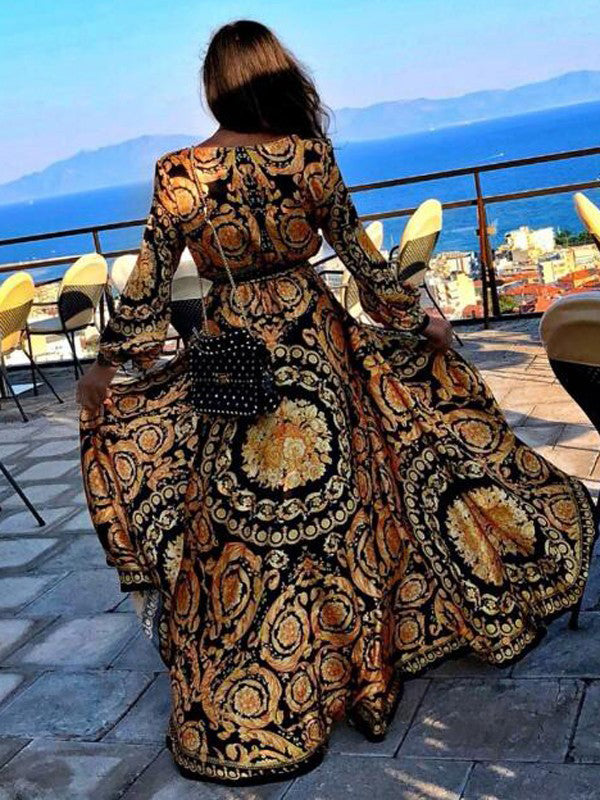 Maxikleid für Damen mit Barockmuster und langen Ärmeln