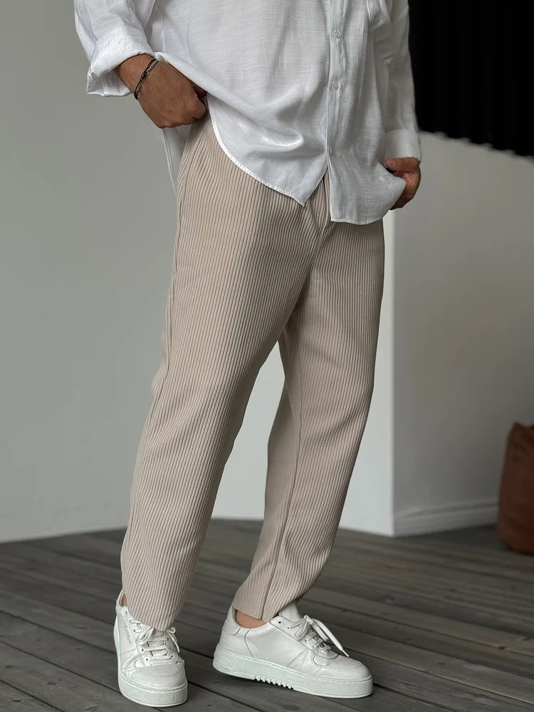 Men's Ribbed Tapered Pants with Elastic Waistband