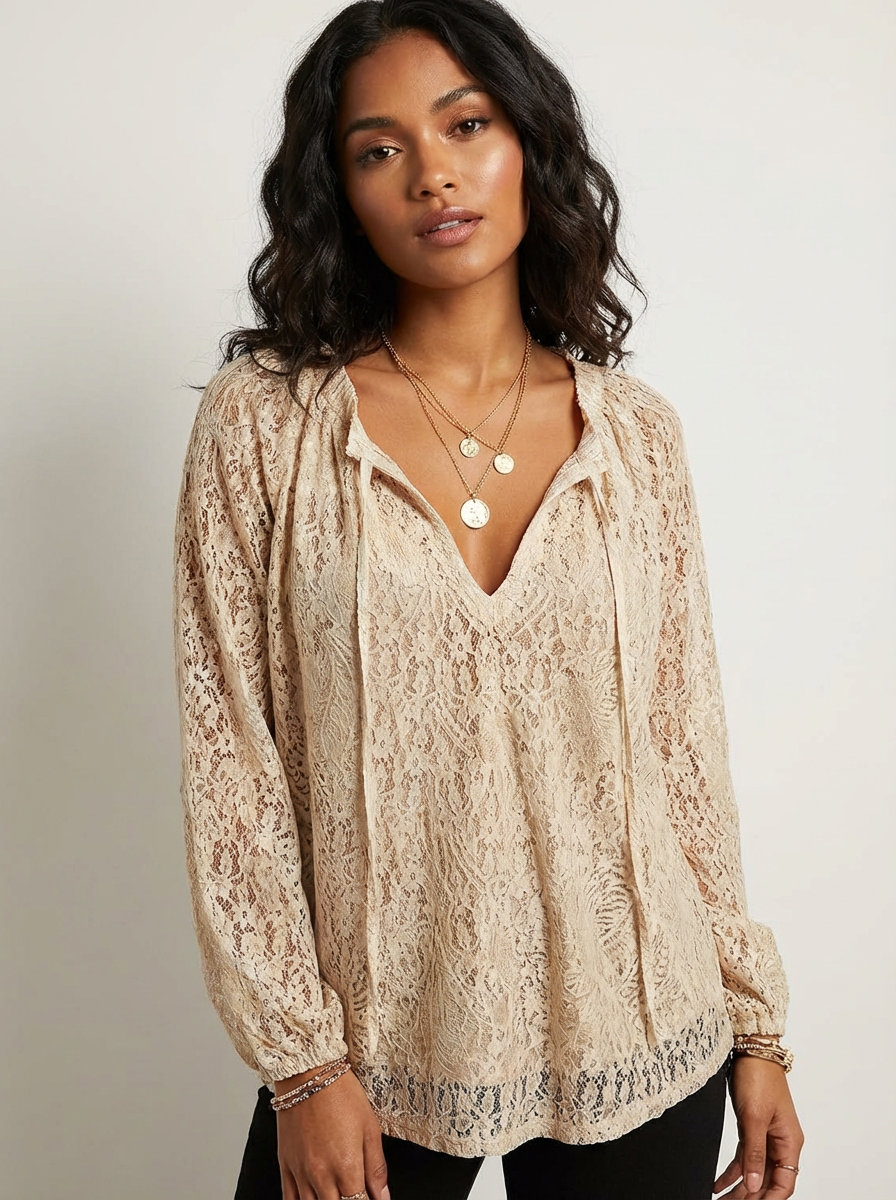 Women's Bohemian Lace Long Sleeve Blouse with Tie Neck