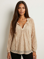 Women's Bohemian Lace Long Sleeve Blouse with Tie Neck