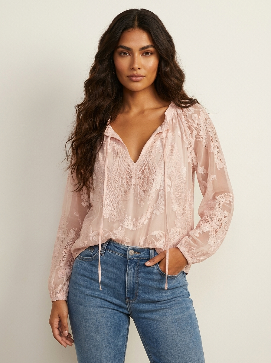 Women's Bohemian Lace Long Sleeve Blouse with Tie Neck