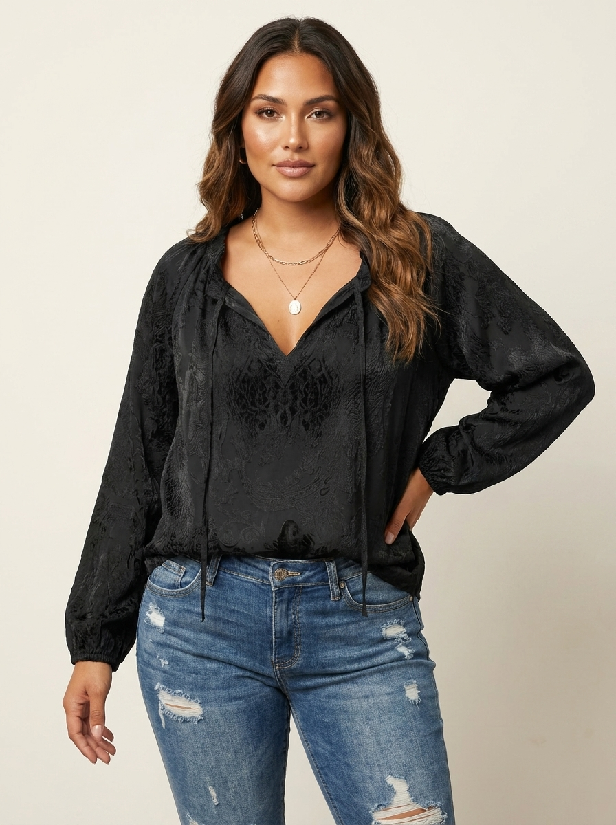 Women's Bohemian Lace Long Sleeve Blouse with Tie Neck