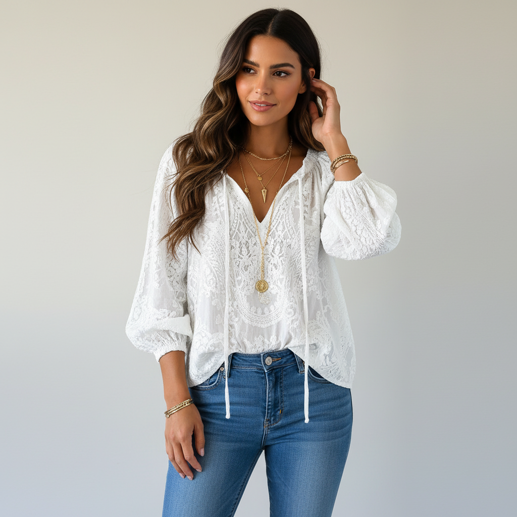 Women's Bohemian Lace Long Sleeve Blouse with Tie Neck